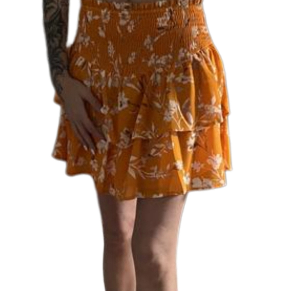 Olivaceous Floral Print Smocked Waist Tiered Ruffle Mini Skirt Size S, NWT